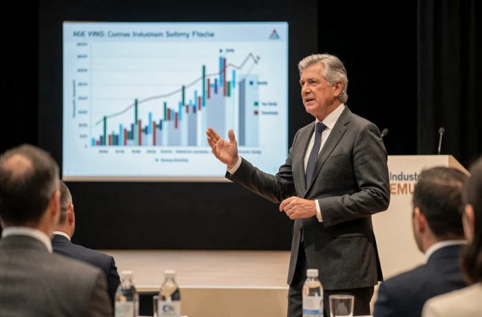 Conférencier masculin présentant des tendances financières lors d'un sommet économique professionnel