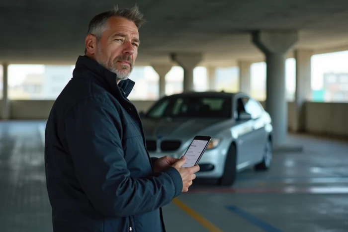 Homme consultant son espace client assurance auto sur smartphone dans un parking urbain