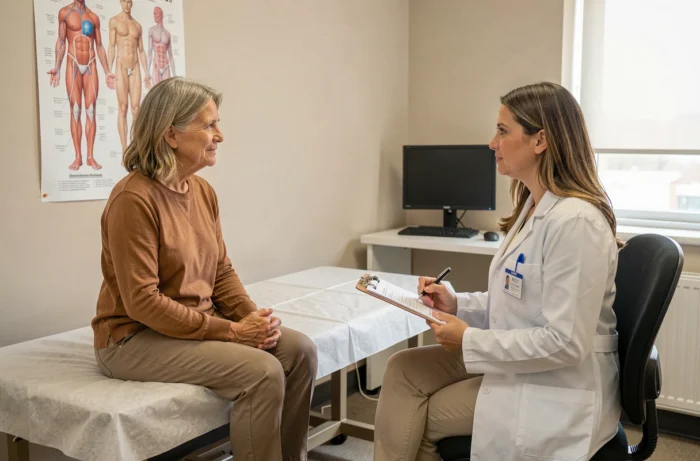 Femme d'une quarantaine d'années en consultation gynécologique avec une médecin, discutant des changements du cycle menstruel et des symptômes de la préménopause