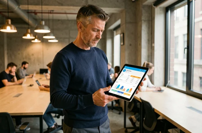 Homme en espace de coworking consultant les tarifs d'un service IA sur tablette
