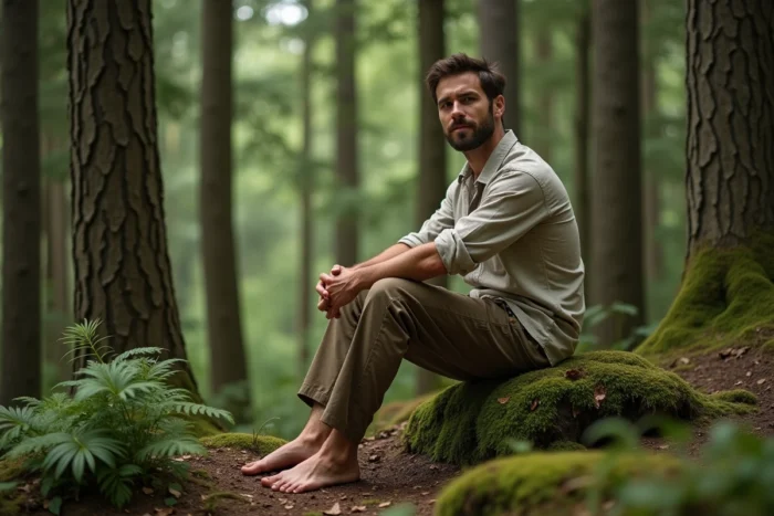Homme assis sur un rocher moussu en forêt, les yeux mi-clos, dans une posture de détente profonde entouré d'arbres