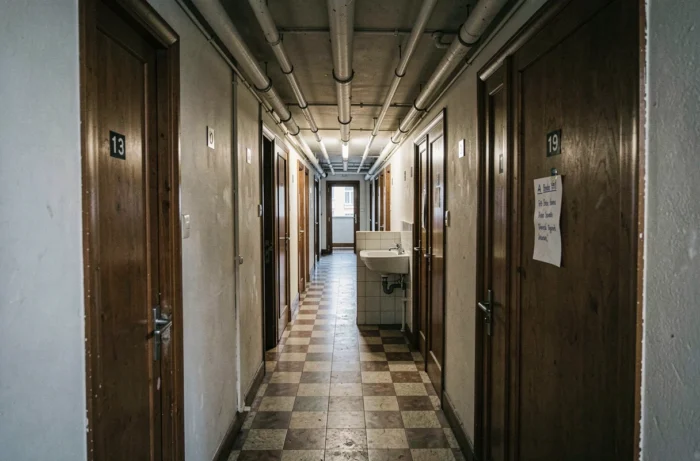 Couloir étroit du septième étage d'un immeuble parisien avec portes de chambres de bonne et sol en linoléum usé