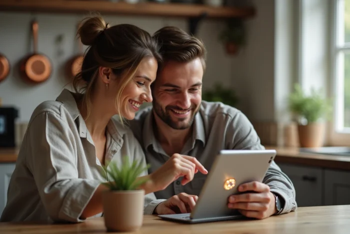 Couple parcourant ensemble un site de bijoux en ligne sur une tablette dans une cuisine moderne, choisissant un bijou à acheter