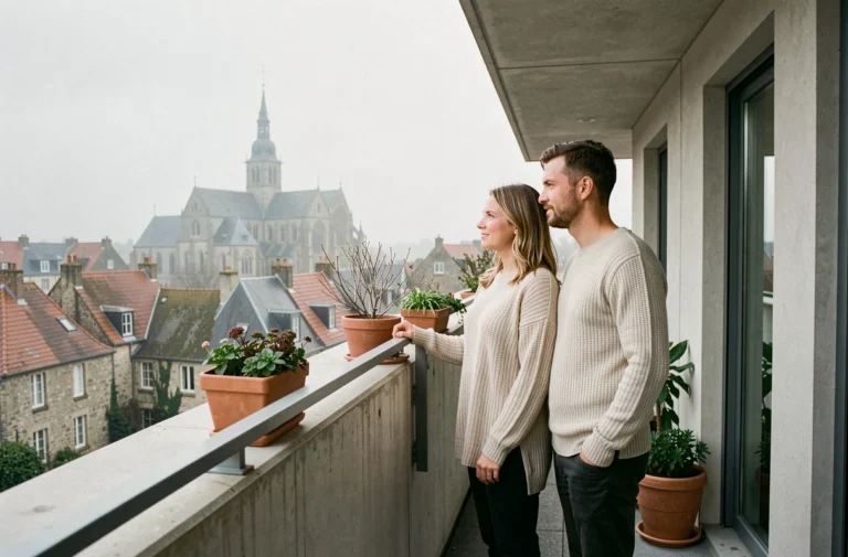 Couple sur le balcon d'un appartement neuf à Quimper avec vue sur la cathédrale Saint-Corentin
