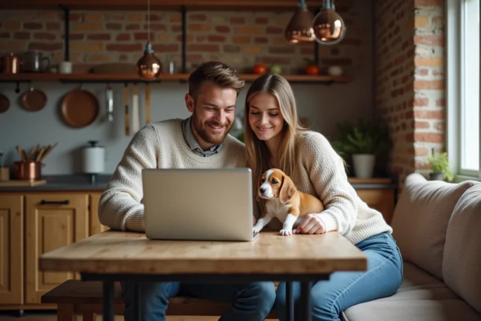 Couple comparant des offres d'assurance pour animaux sur un ordinateur portable avec leur chiot beagle