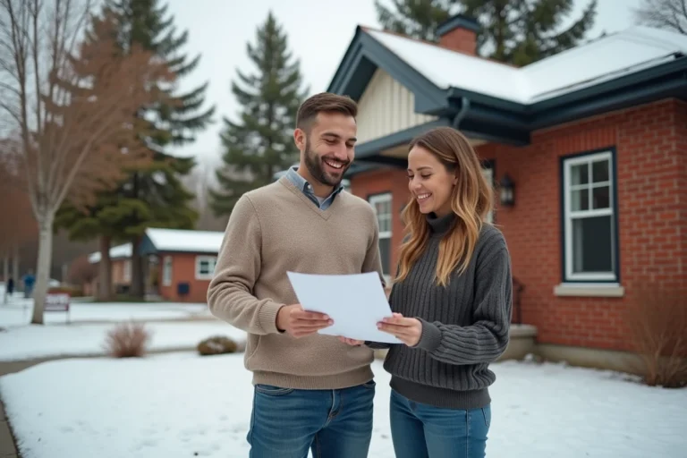 Couple français devant une maison canadienne à vendre, tenant des documents immobiliers dans un quartier résidentiel enneigé