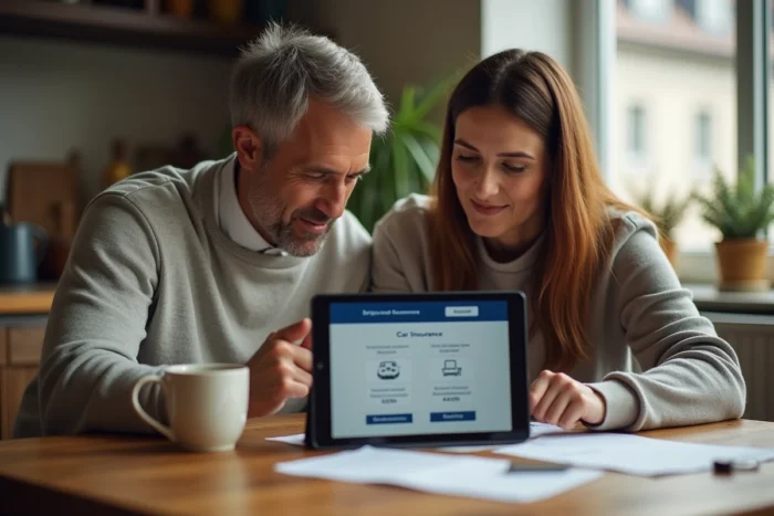 Couple gérant le renouvellement de leur assurance auto en ligne sur une tablette dans leur cuisine