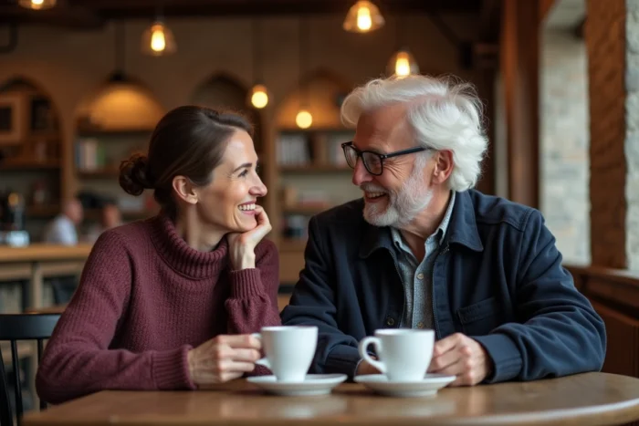 Un homme et une femme partageant un moment détendu dans un café, évoquant une relation complexe et un passé commun entre une femme et une personnalité du show-business