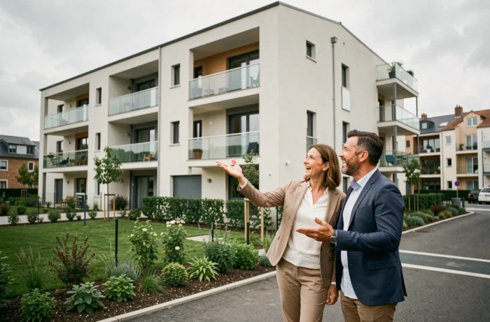Couple découvrant un programme immobilier neuf en banlieue française