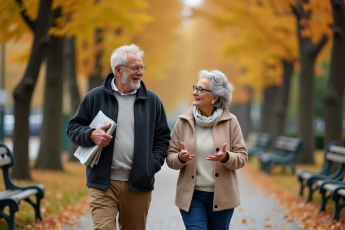 Couple de retraités se promenant dans un parc en automne avec des feuilles dorées au sol