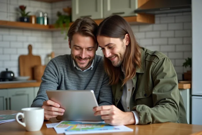 Couple analysant ensemble la simulation d'ensoleillement Google Maps sur une tablette dans leur cuisine