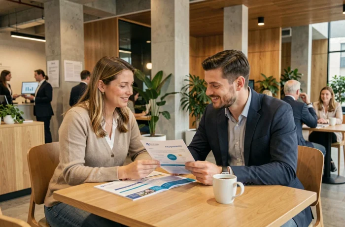 Couple discutant de leurs solutions d'épargne et de placement avec la Banque Cortal dans un espace moderne