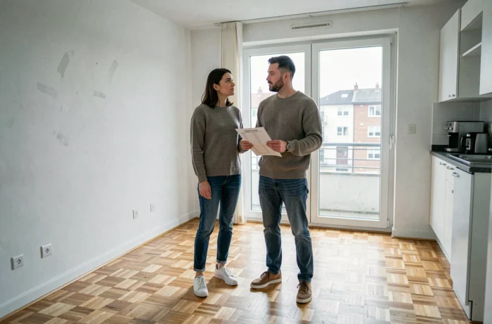 Couple inspectant un appartement vide avant la location avec une liste de vérification