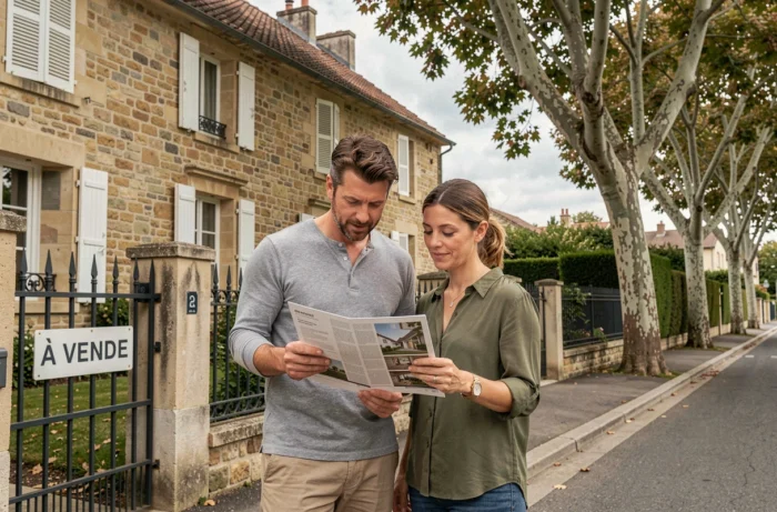 Couple visitant une maison à vendre avec panneau immobilier dans une rue résidentielle française