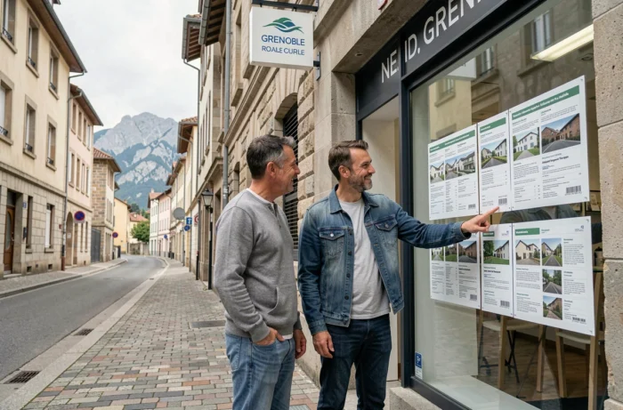 Couple consultant les annonces immobilières en vitrine d'une agence à Grenoble en Isère