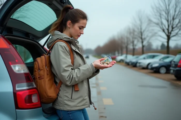 Jeune femme comptant des euros en espèces près d'une voiture lors d'un covoiturage BlaBlaCar