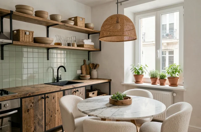 Cuisine contemporaine style parisien avec étagères en acier et chêne, carrelage zellige vert sauge et table ronde en marbre, tendances déco cuisine