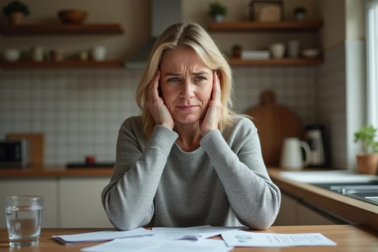 Femme tenant sa tempe en signe de douleur neurologique, assise à une table de cuisine, illustrant les décharges électriques dans la tête