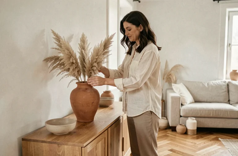 Femme arrangeant des herbes de la pampa dans un vase en terre cuite dans un salon scandinave épuré aux tons neutres