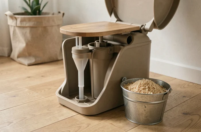 Détail des composants intérieurs d'une toilette sèche avec sciure dans un intérieur scandinave