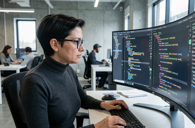 Développeuse informatique analysant du code sur un grand écran incurvé dans un bureau technologique moderne