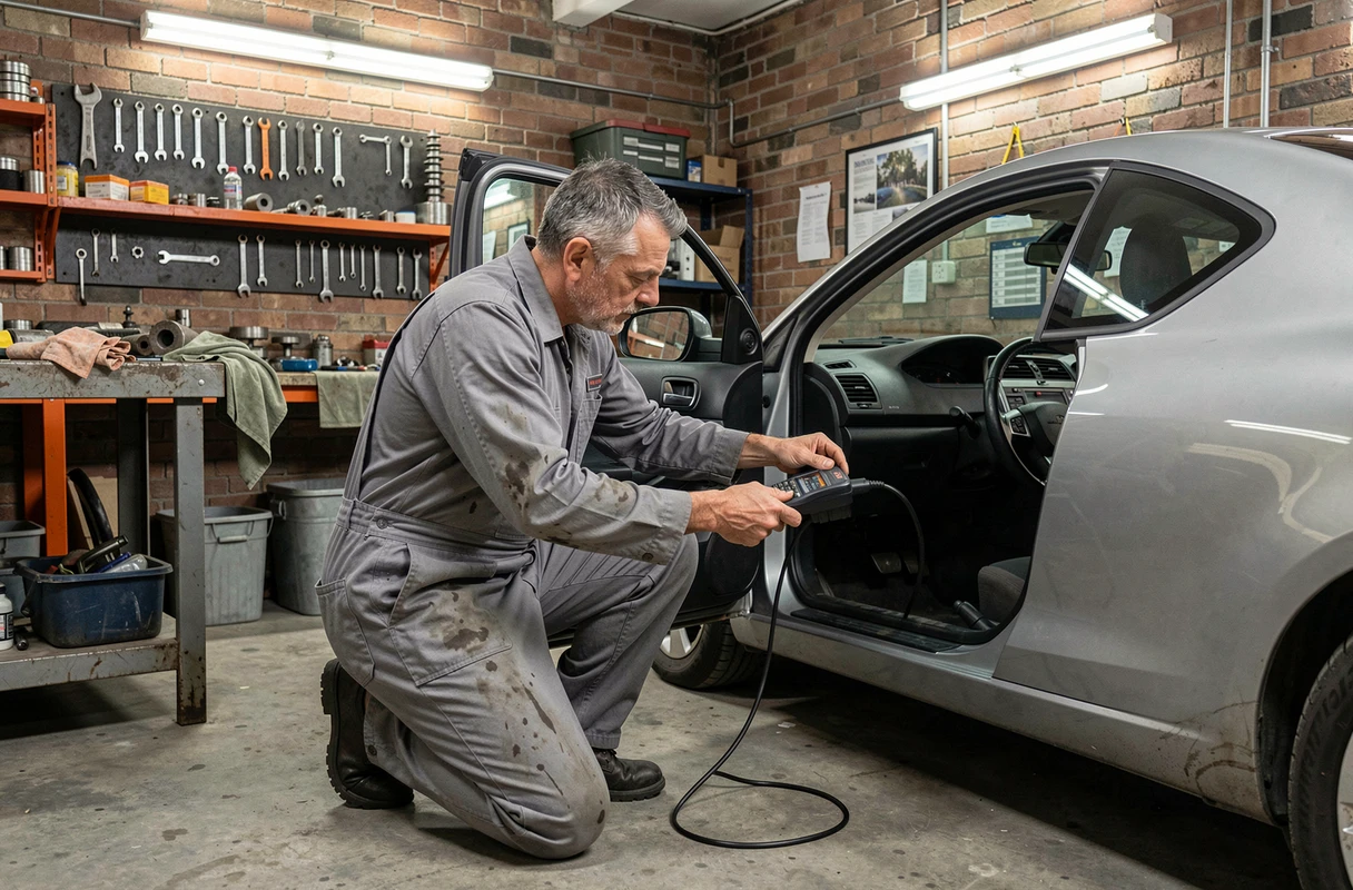 Mécanicien branchant un scanner OBD sur une voiture en atelier pour diagnostiquer le voyant moteur orange