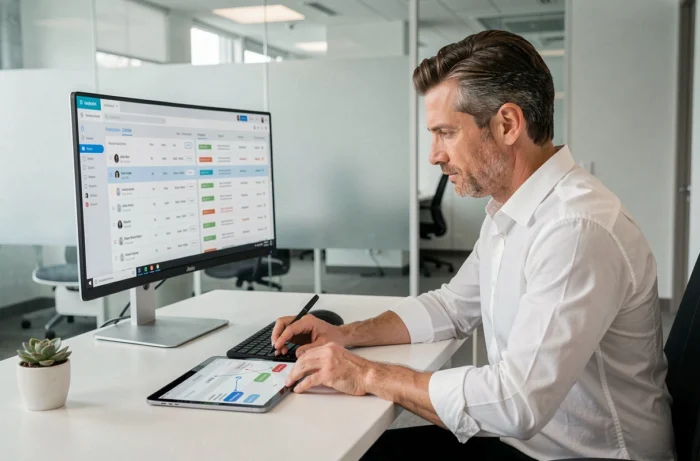 Chef d'entreprise concentré travaillant sur une solution digitale personnalisée pour améliorer la performance organisationnelle