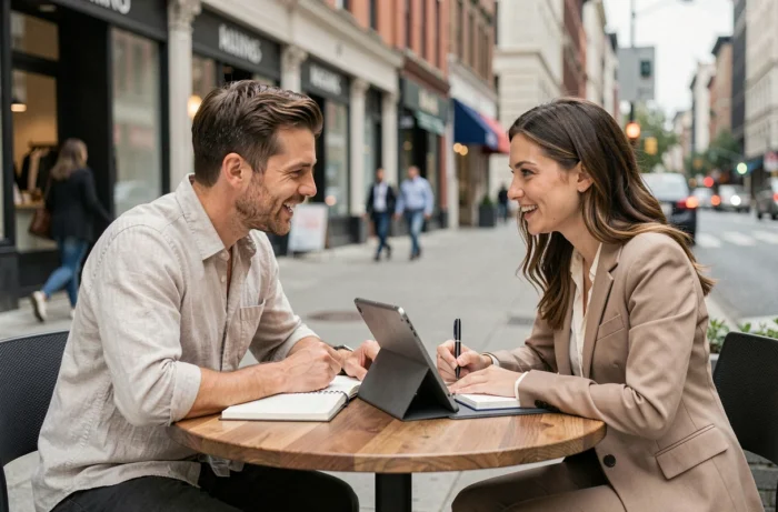 Deux professionnels comparant les approches d'intrapreneuriat et d'entrepreneuriat lors d'une discussion en terrasse urbaine
