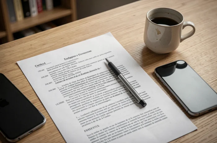 Gros plan sur un document juridique français posé sur un bureau avec stylo et smartphone illustrant la réglementation sur la légalité de Very Leak