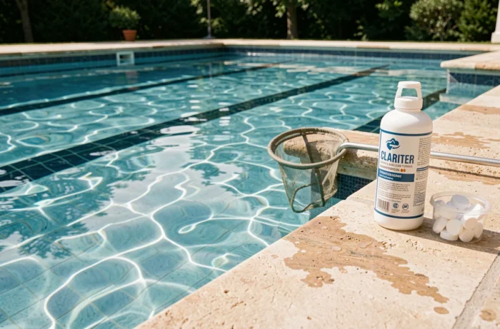 Eau de piscine cristalline avec clarifiant et chlore visibles sur le bord du bassin