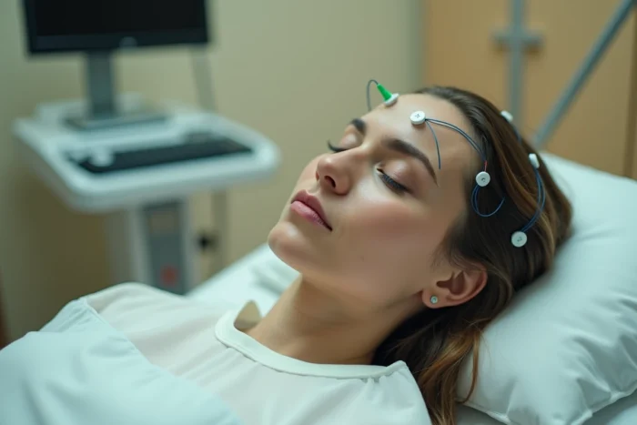Femme subissant un électroencéphalogramme EEG avec électrodes sur le crâne pour diagnostiquer des décharges électriques dans la tête