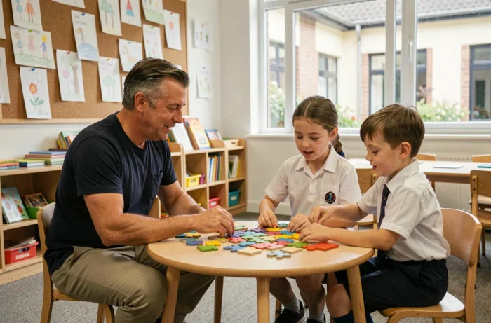 Un enseignant accompagne deux élèves de primaire dans une activité pédagogique, illustrant le suivi du développement cognitif de l'enfant