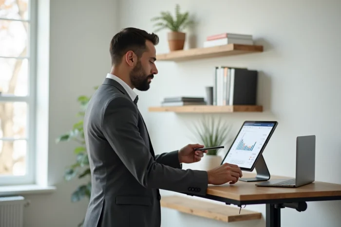 Entrepreneur utilisant une application de gestion d'entreprise sur tablette dans un bureau à domicile minimaliste