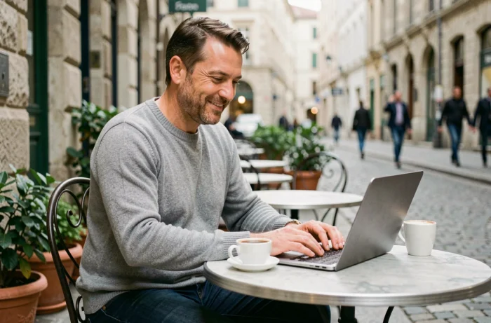Entrepreneur indépendant travaillant sur son ordinateur portable en terrasse de café dans une rue pavée européenne