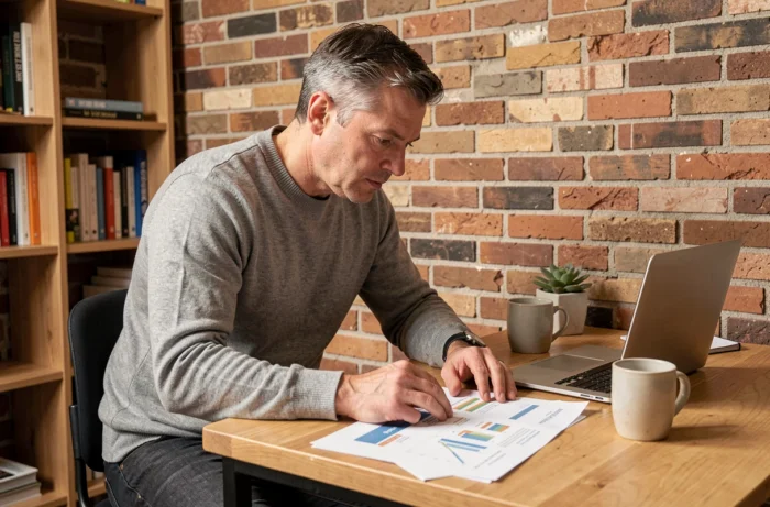 Entrepreneur indépendant analysant un plan d'affaires dans un espace de coworking chaleureux, symbolisant la création d'entreprise