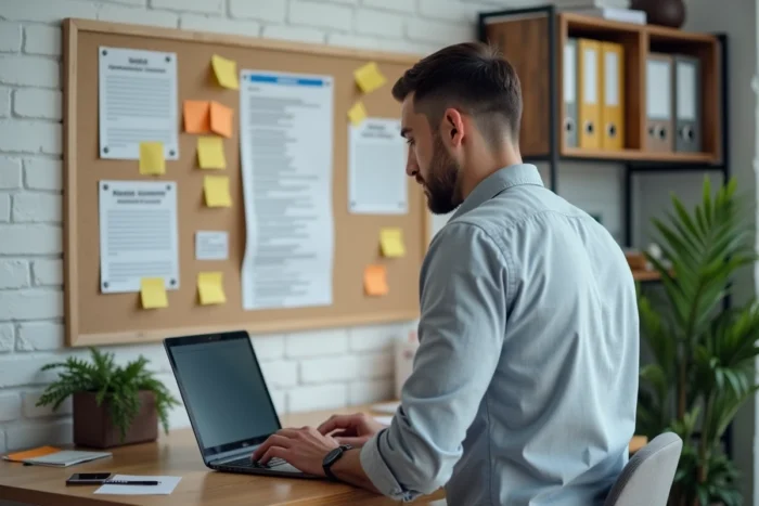 Entrepreneur consultant le répertoire Sirene sur ordinateur portable avec des documents administratifs affichés