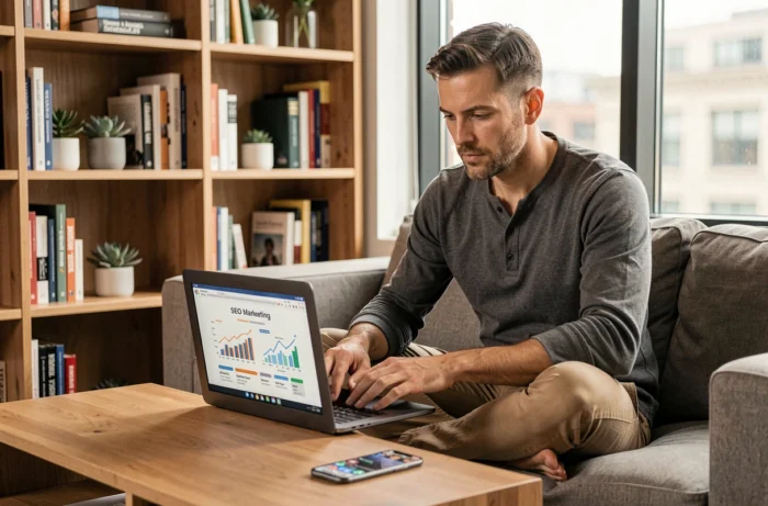 Entrepreneur masculin élaborant une stratégie de marketing de contenu sur ordinateur portable dans un bureau à domicile contemporain