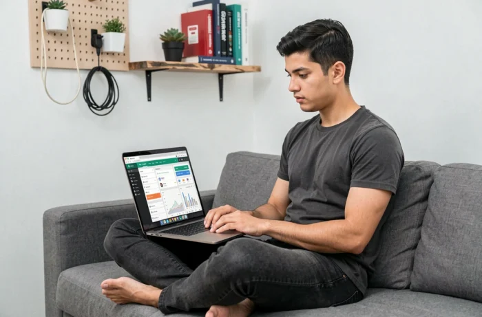 Jeune entrepreneur travaillant seul sur son ordinateur portable avec des outils de stratégie digitale et de croissance en ligne