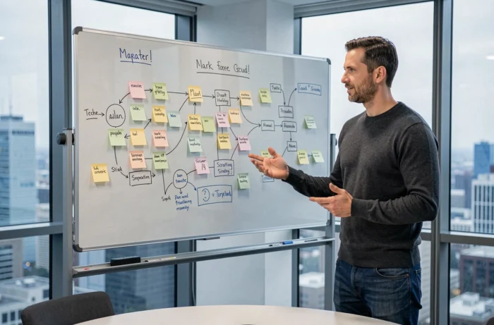 Entrepreneur présentant une stratégie de marketing digital sur un tableau blanc dans une salle de réunion startup