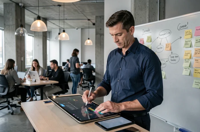 Entrepreneur masculin organisant sa stratégie web sur tablette dans un espace de coworking moderne