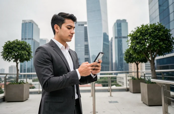 Jeune entrepreneur consultant une application financière sur smartphone depuis une terrasse de toiture avec vue sur un quartier d'affaires moderne en 2024