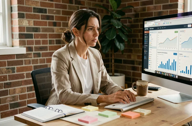 Entrepreneuse débordée gérant son écosystème web depuis son bureau à domicile avec plusieurs outils numériques ouverts