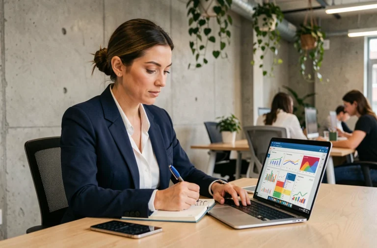 Entrepreneuse analysant des tableaux de bord de marketing digital dans un espace de coworking moderne