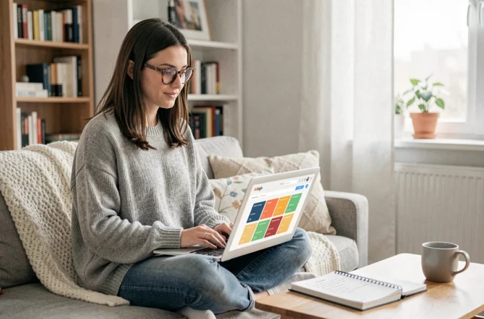 Jeune entrepreneuse simplifiant la gestion de son site web depuis son salon avec un tableau de bord numérique