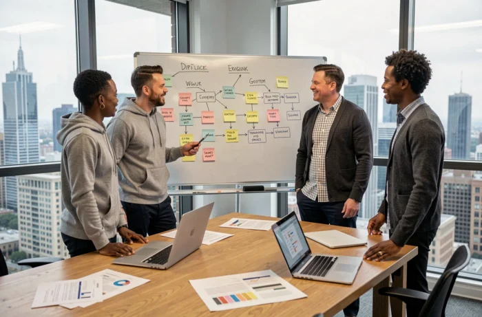 Équipe de professionnels collaborant autour d'un tableau blanc pour planifier une stratégie de croissance digitale