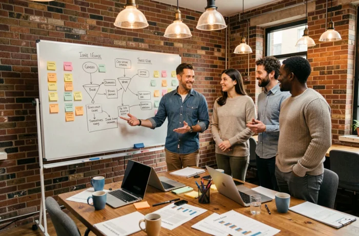 Équipe marketing créative en séance de brainstorming stratégique autour d'un tableau blanc dans une agence digitale