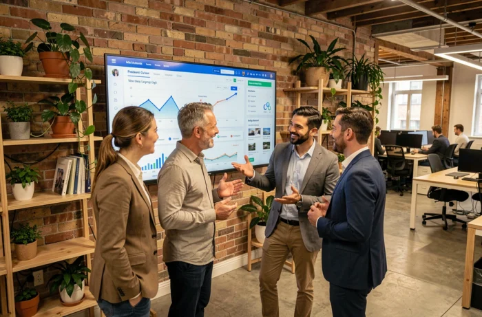 Équipe d'entrepreneurs collaborant autour d'un tableau de bord numérique dans un espace de coworking moderne