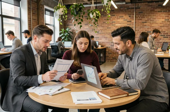 Équipe professionnelle diverse analysant des indicateurs de performance clés pour optimiser la stratégie d'entreprise