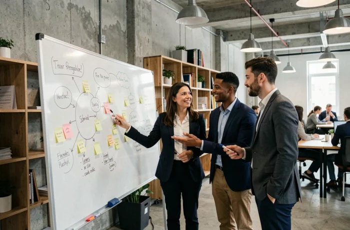 Équipe de jeunes professionnels en séance de brainstorming dans un espace de coworking moderne, symbolisant la collaboration et les solutions business proposées par 225 Business