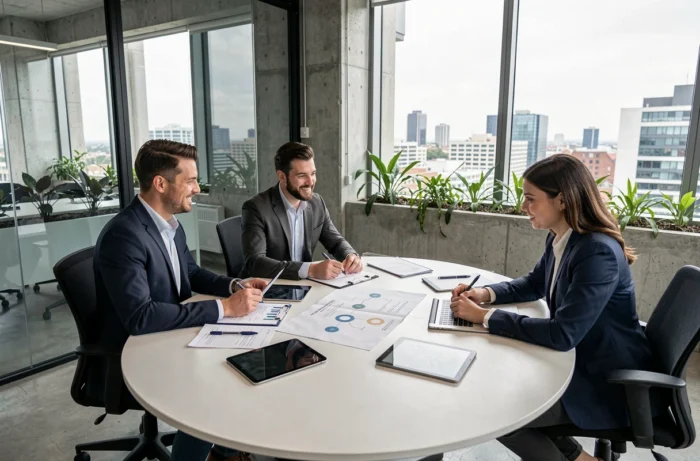 Équipe de professionnels collaborant autour d'une table de réunion dans un espace de coworking moderne, symbolisant l'innovation en entreprise en 2024
